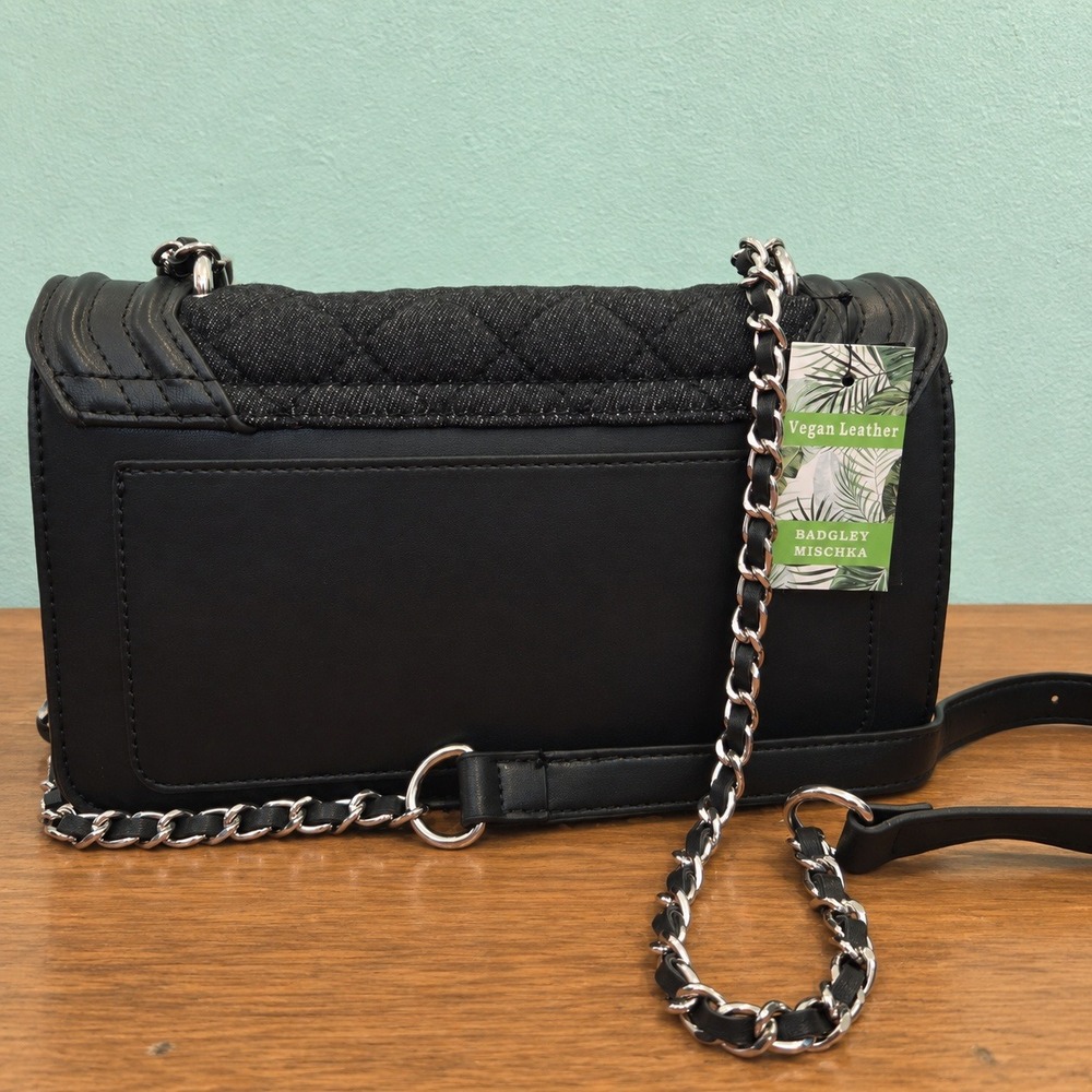 Badgley Mischka Crossbody Bag Womens OS Black Quilted Denim Vegan Leather Pearl